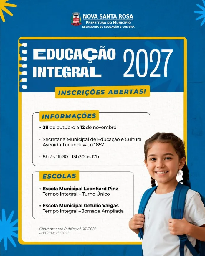 Secretaria de Educação de Nova Santa Rosa abre inscrições para Educação Integral em 2027