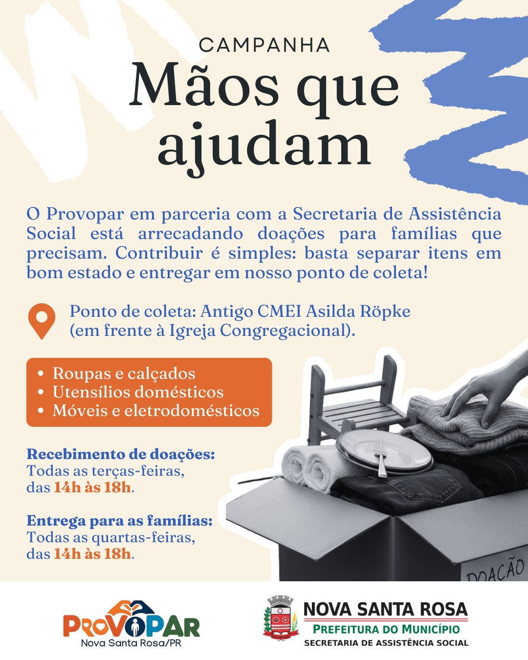 Campanha &ldquo;M&atilde;os que Ajudam&rdquo; arrecadar&aacute; doa&ccedil;&otilde;es para fam&iacute;lias em situa&ccedil;&atilde;o de vulnerabilidade em Nova Santa Rosa