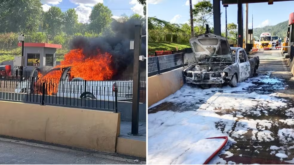 Picape pega fogo durante pagamento de ped&aacute;gio, no PR; ve&iacute;culo foi totalmente destru&iacute;do pelas chamas