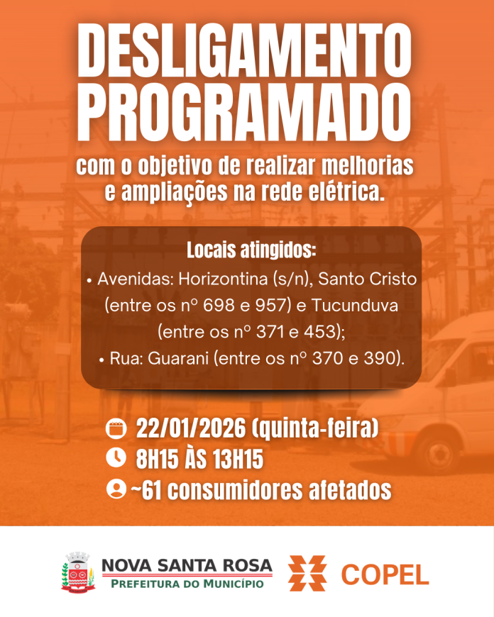 Copel informa aviso de desligamento para parte da &aacute;rea central de Nova Santa Rosa