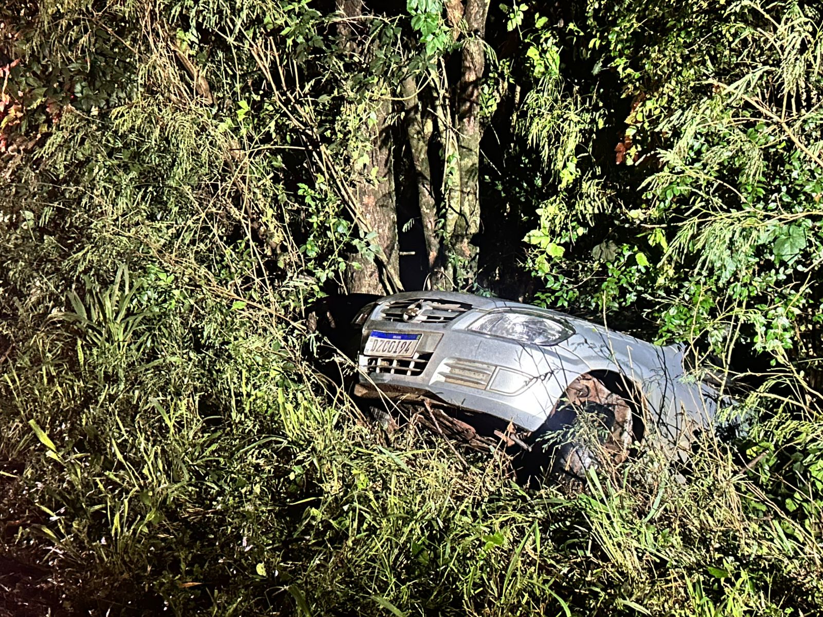 Carro sai da pista e bate em &aacute;rvore na PR-495, em Marechal C&acirc;ndido Rondon