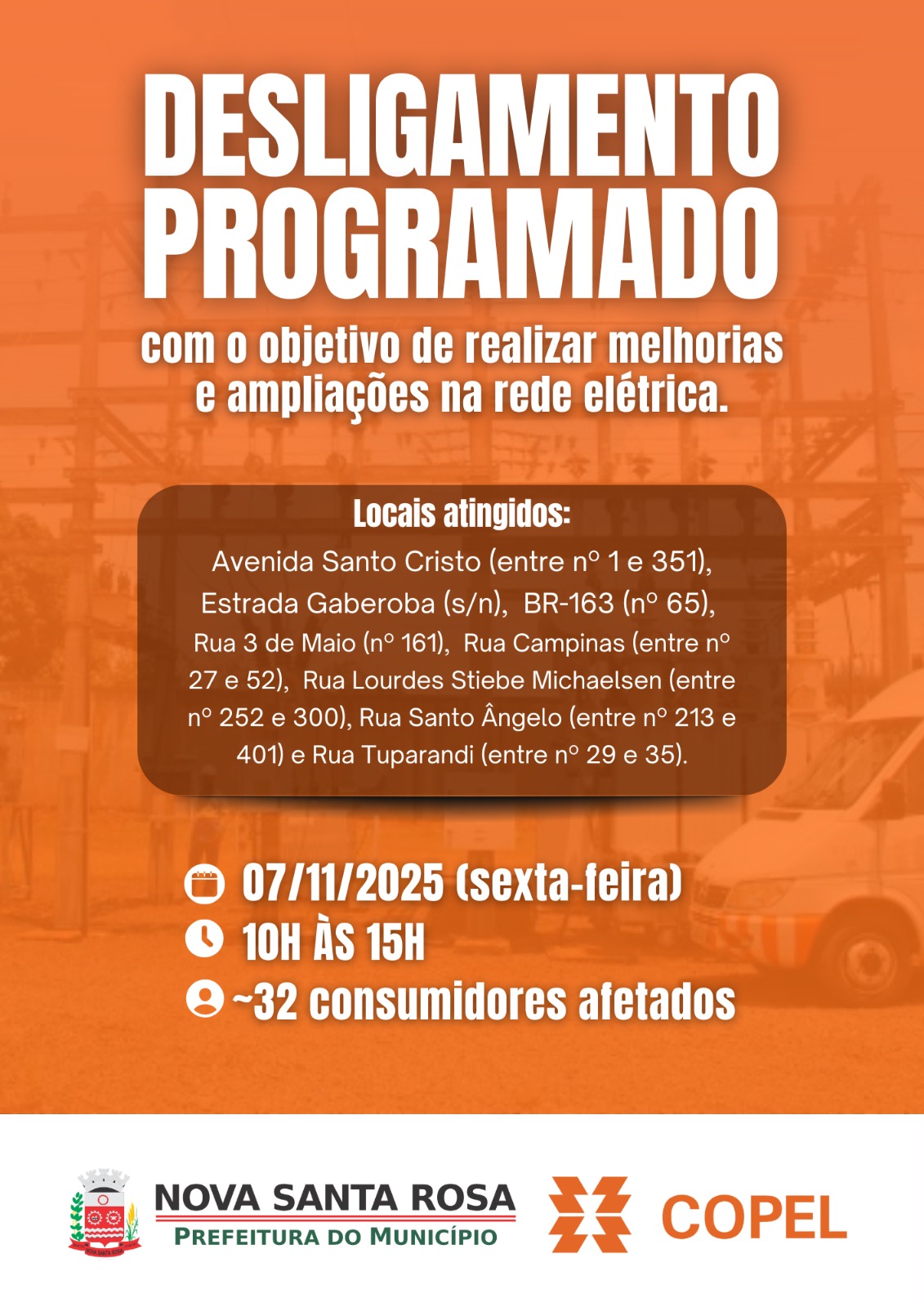 Copel realizar&aacute; manuten&ccedil;&atilde;o programada e interromper&aacute; o fornecimento de energia nesta sexta-feira (07) em Nova Santa Rosa