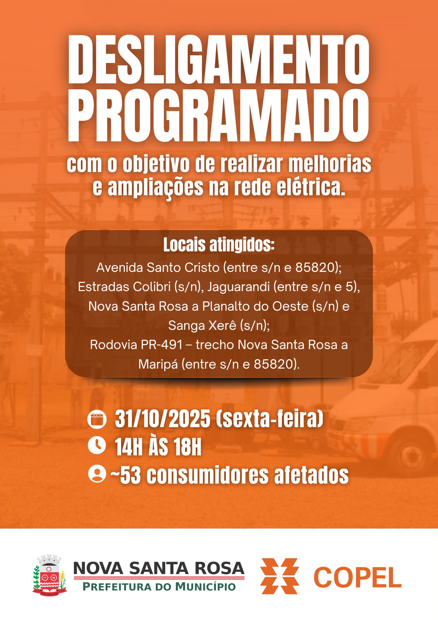 Copel informa aviso de desligamento programado de energia el&eacute;trica para sexta-feira (31) em Nova Santa Rosa