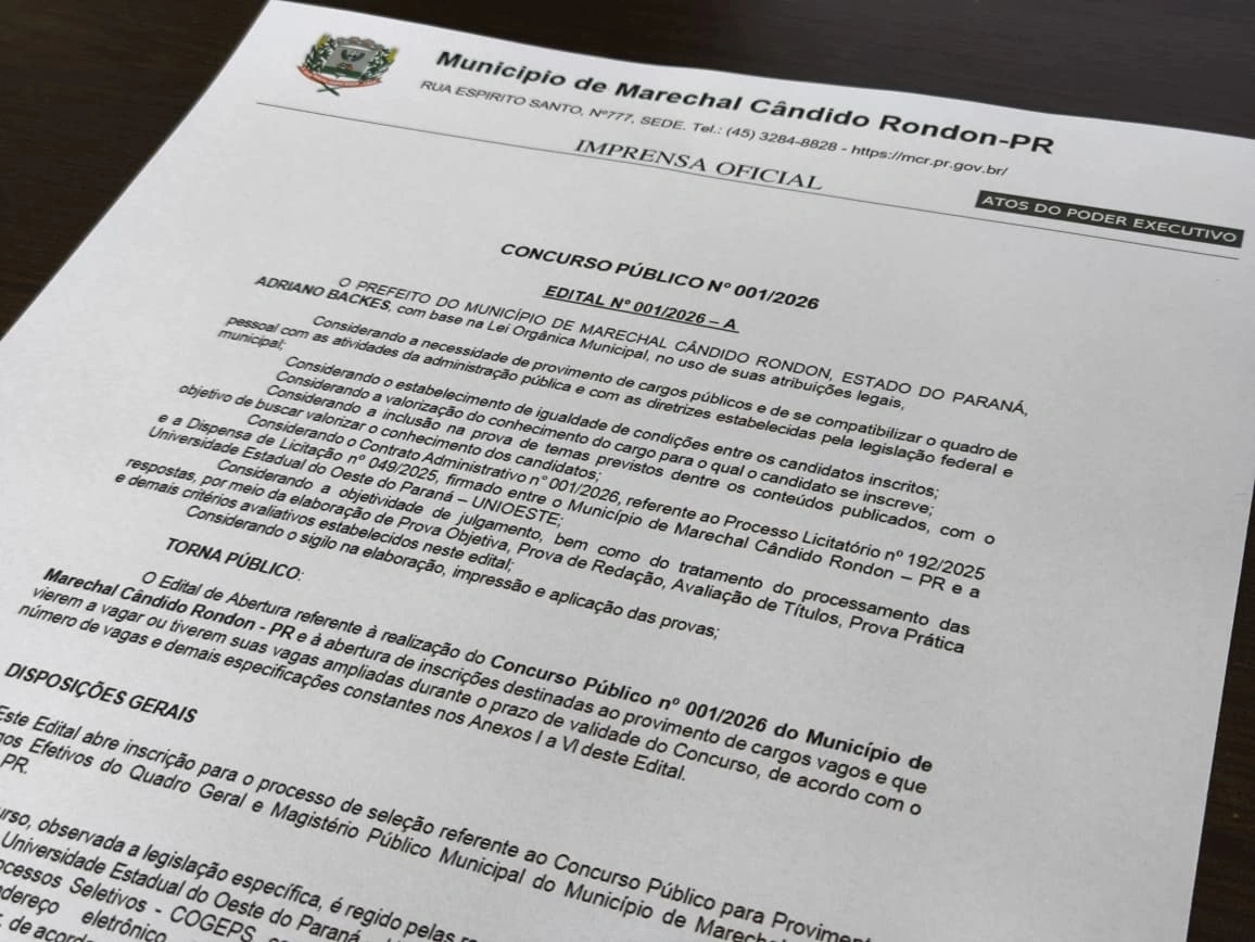 Abertas as inscri&ccedil;&otilde;es para Concurso P&uacute;blico na prefeitura de Marechal C&acirc;ndido Rondon