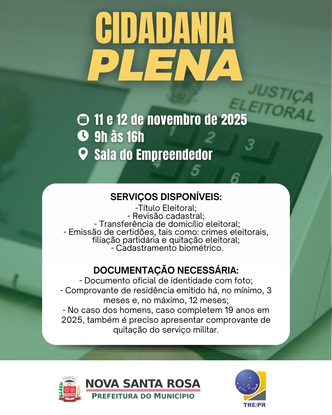Programa Cidadania Plena atenderá eleitoras e eleitores de Nova Santa Rosa nesta terça e quarta-feira