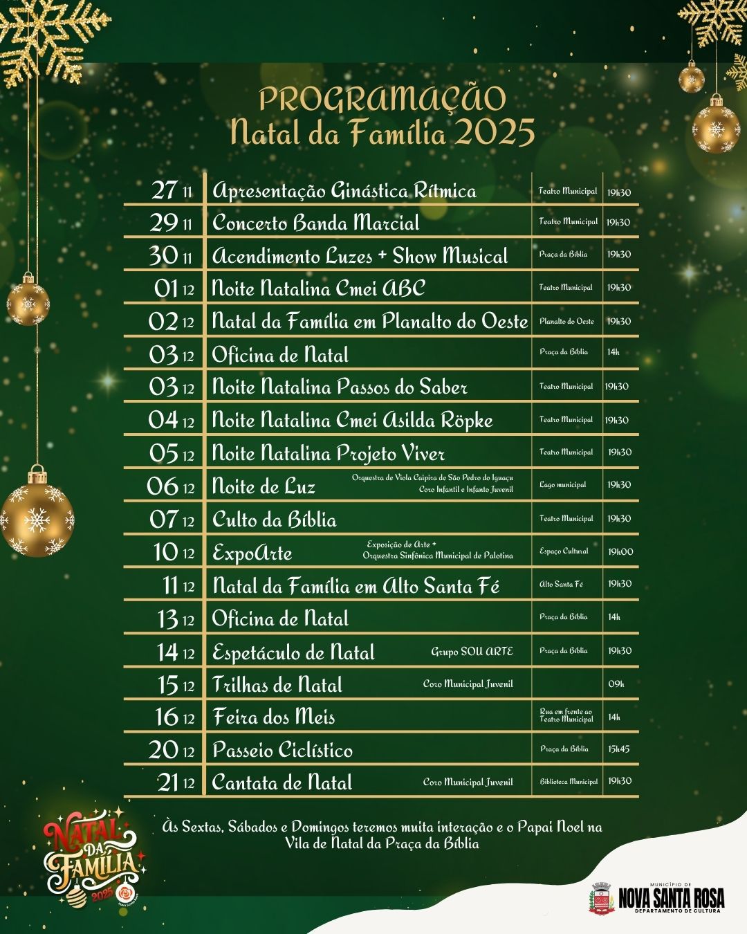 Nova Santa Rosa divulga programação oficial do Natal da Família 2025