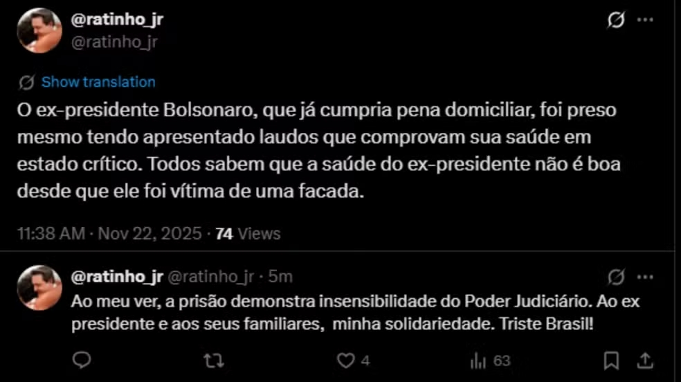 Ratinho Junior diz que prisão de Bolsonaro é 'insensibilidade do Poder Judiciário'