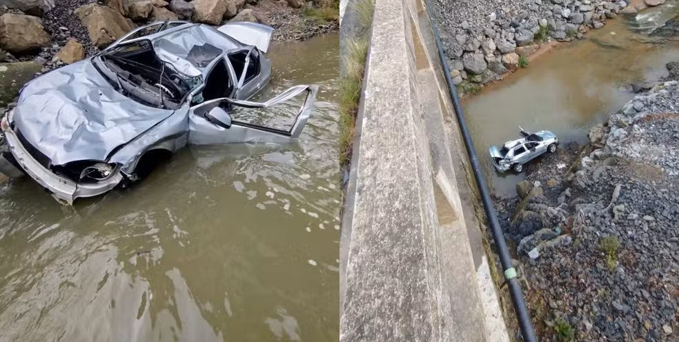 Idoso morre e duas mulheres ficam feridas após carro despencar de altura de 12 metros em SC