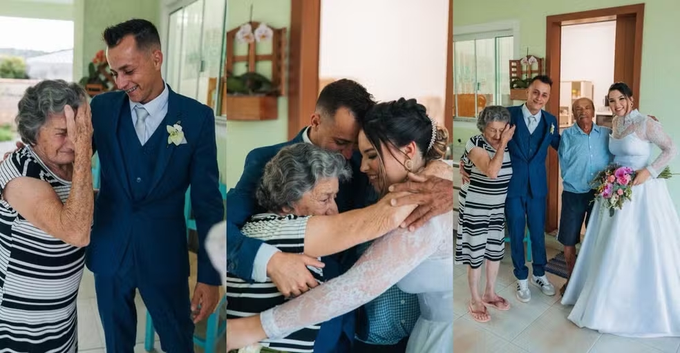 Noivos 'fogem' do próprio casamento e visitam avós que não puderam ir à cerimônia em SC