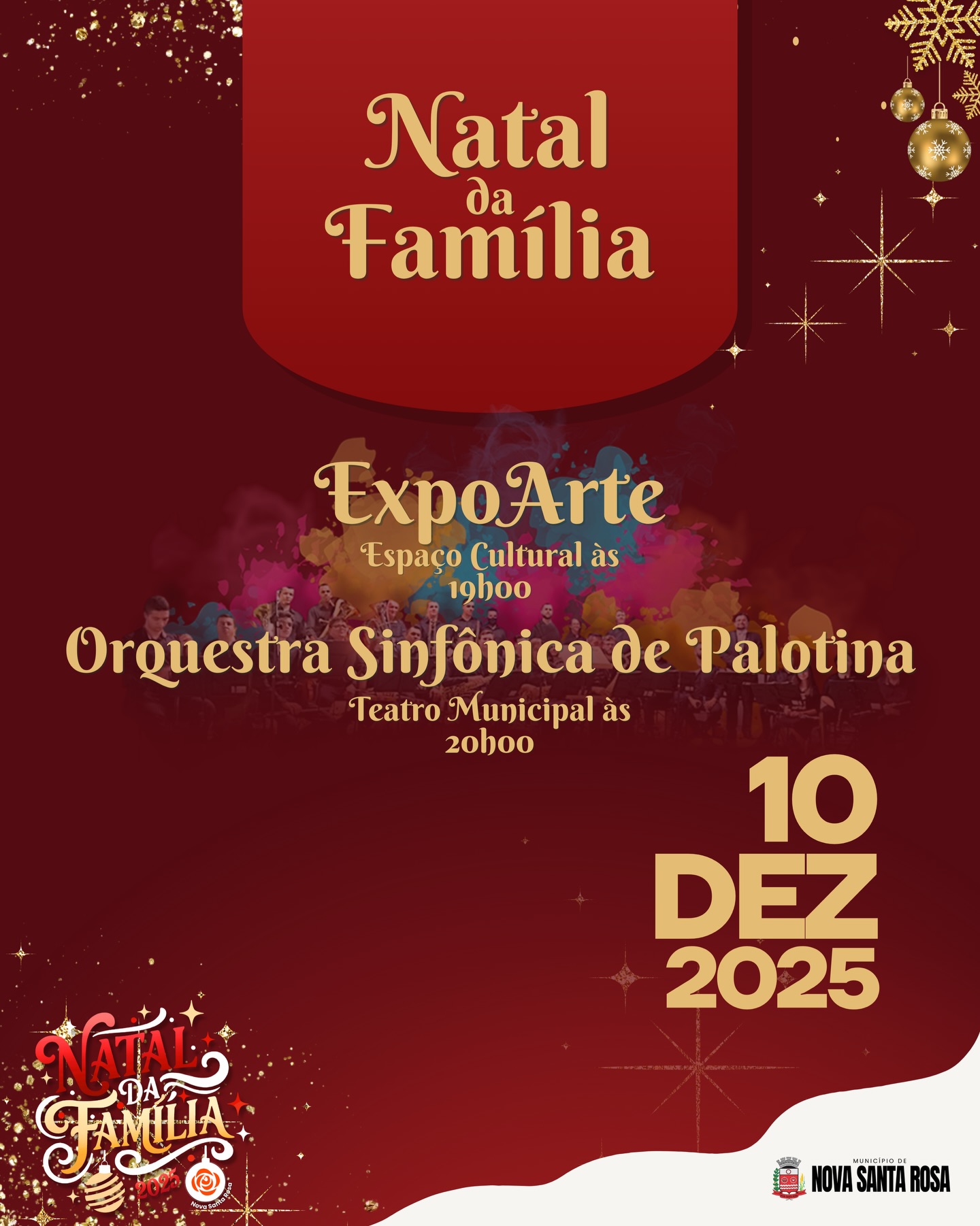 ExpoArte e Orquestra Sinfônica de Palotina abrilhantarão o Natal da Família 2025 de Nova Santa Rosa nesta quarta-feira (10)