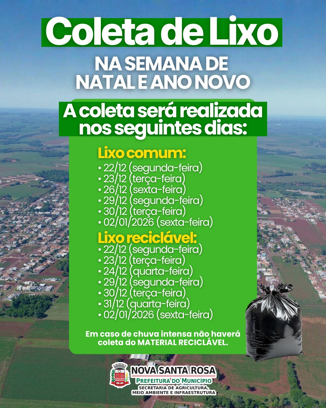 Prefeitura de Nova Santa Rosa divulga cronograma de coleta de lixo na semana de Natal e Ano Novo