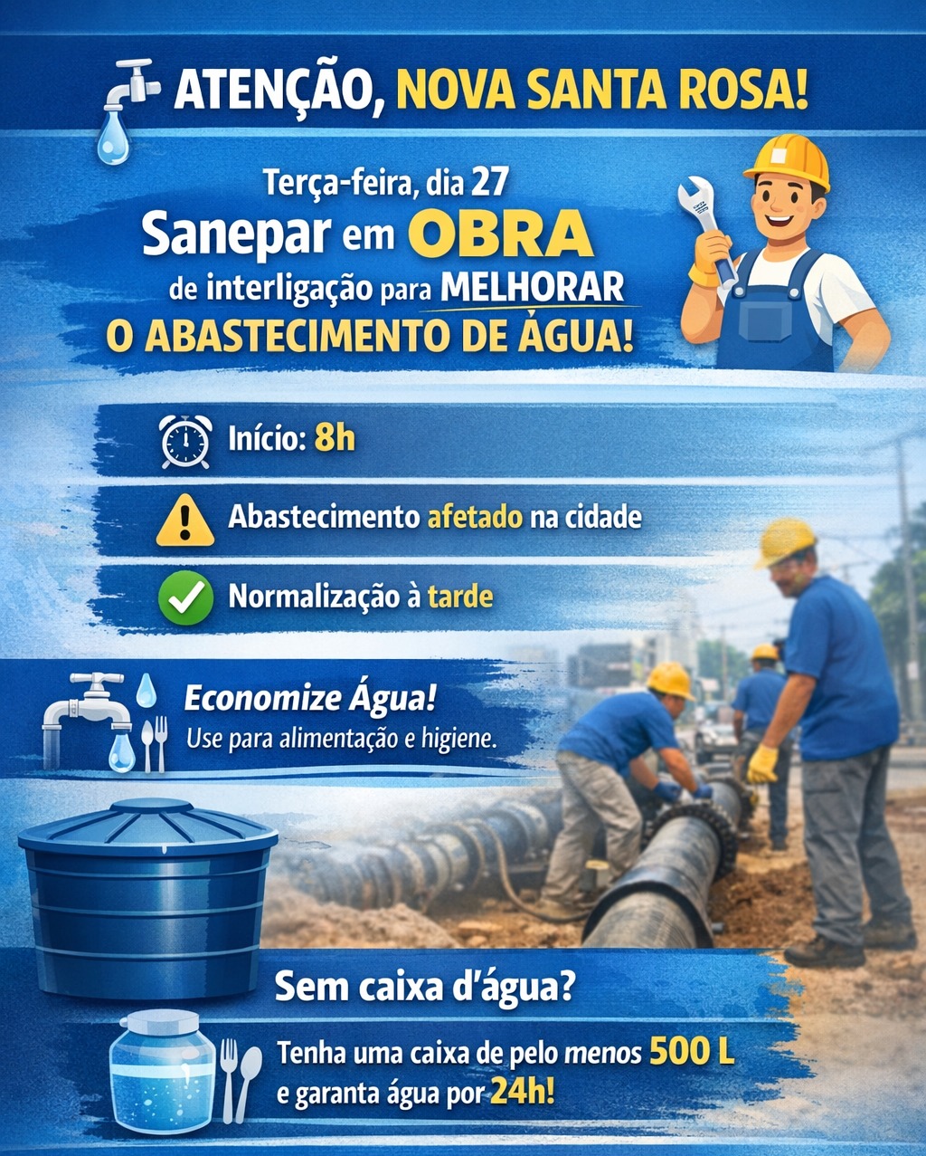 Obra da Sanepar pode afetar abastecimento de água nesta terça-feira (27)